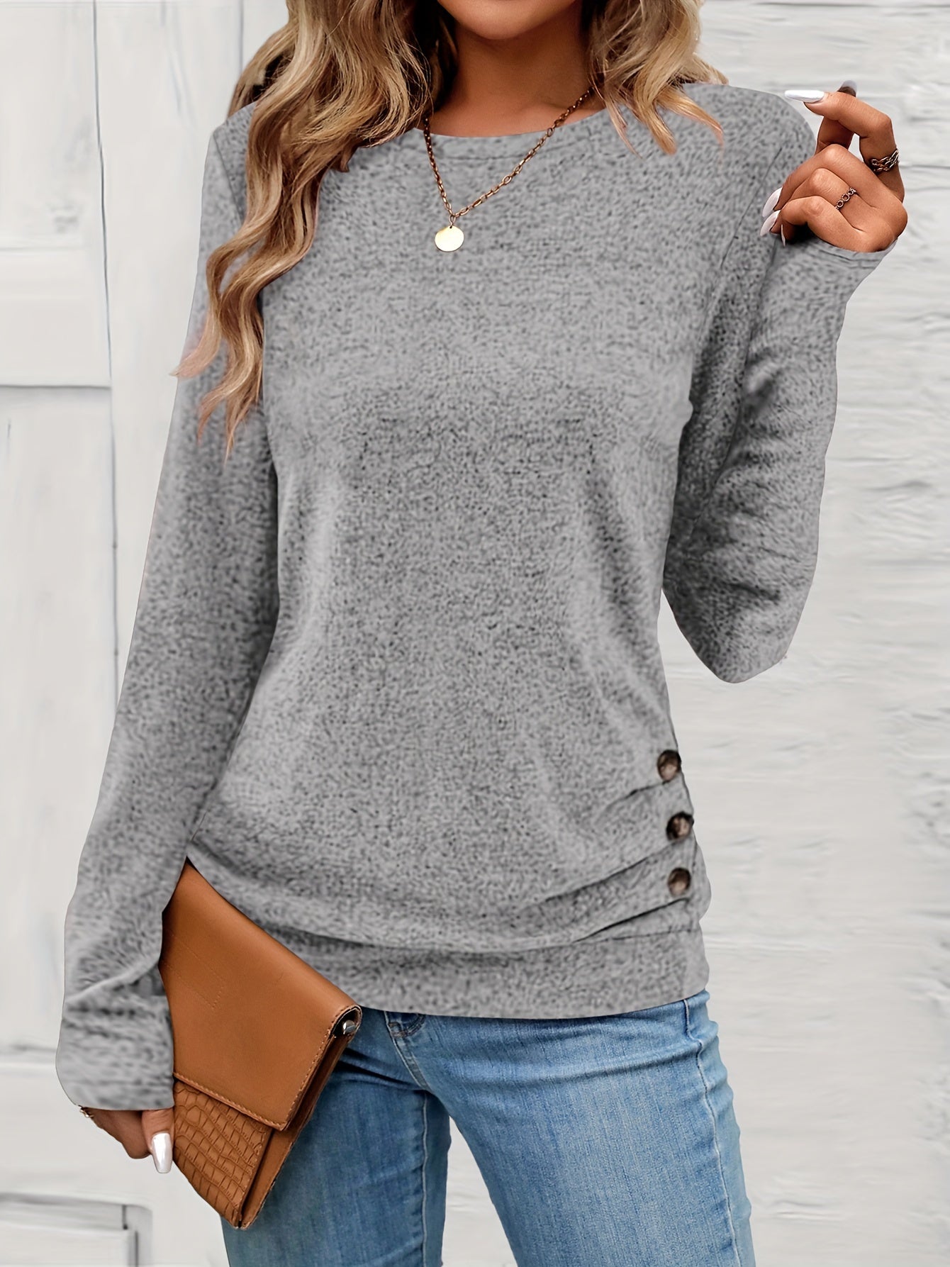 Button Decor Ruched T-Shirt, Casual Long Sleeve Top For Spring & Fall, Women's Clothing