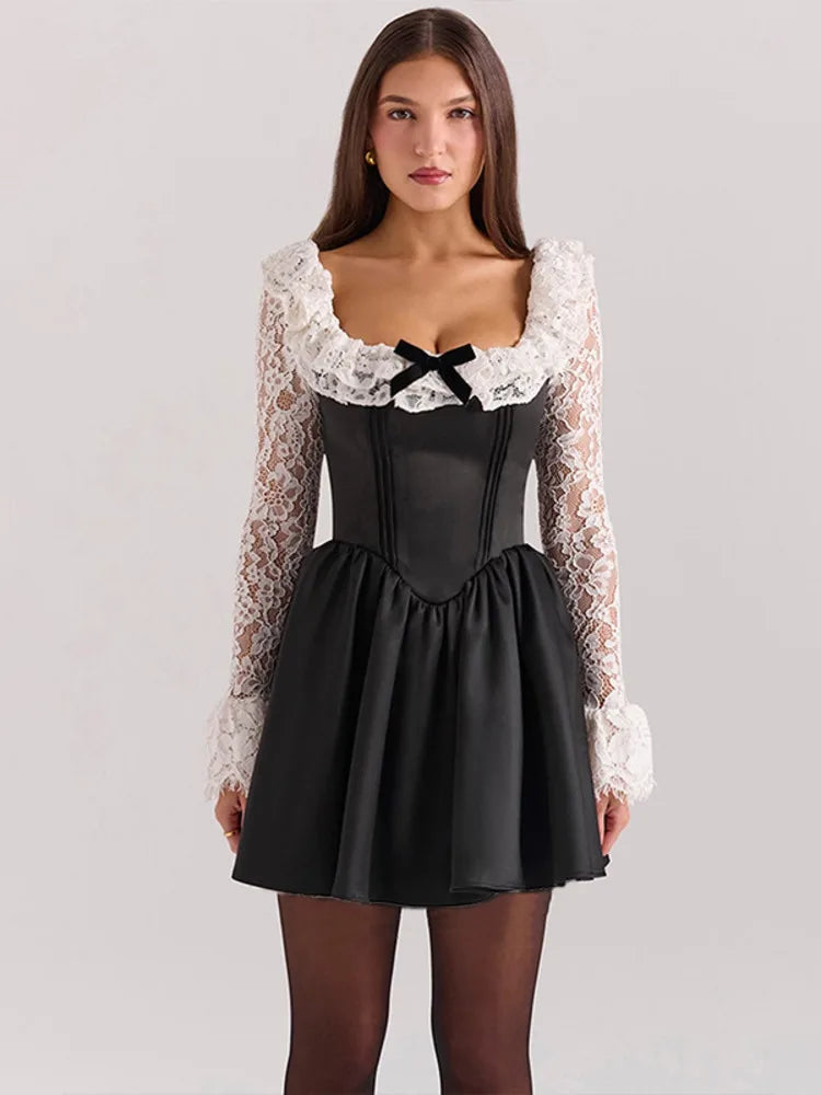Lace Flare Long Sleeve Sexy Maxi Dress For Women Patchwork Square Collar Backless High Waist Pleated Club Dress Elegant