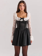 Lace Flare Long Sleeve Sexy Maxi Dress For Women Patchwork Square Collar Backless High Waist Pleated Club Dress Elegant