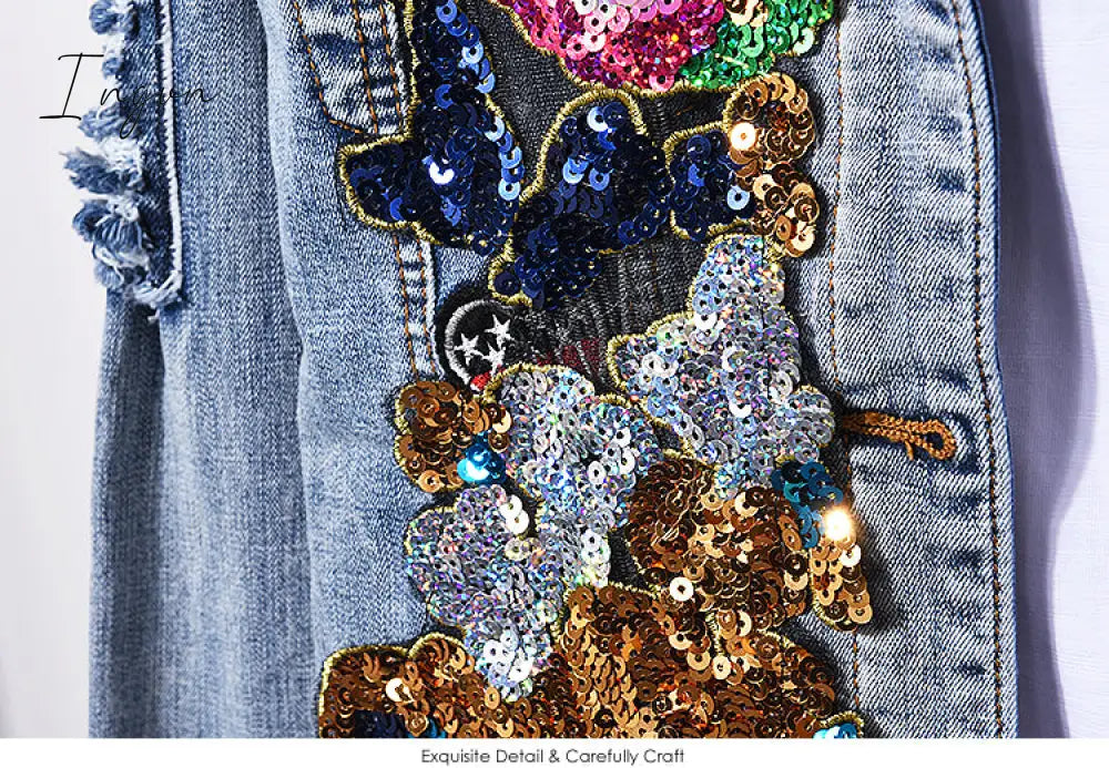 Ingvn - European Style Denim Suit Fashion Outfit Women New Flower Sequined Denim Jacket Short Jacket &amp; Jeans Pants Two-Piece Set Female