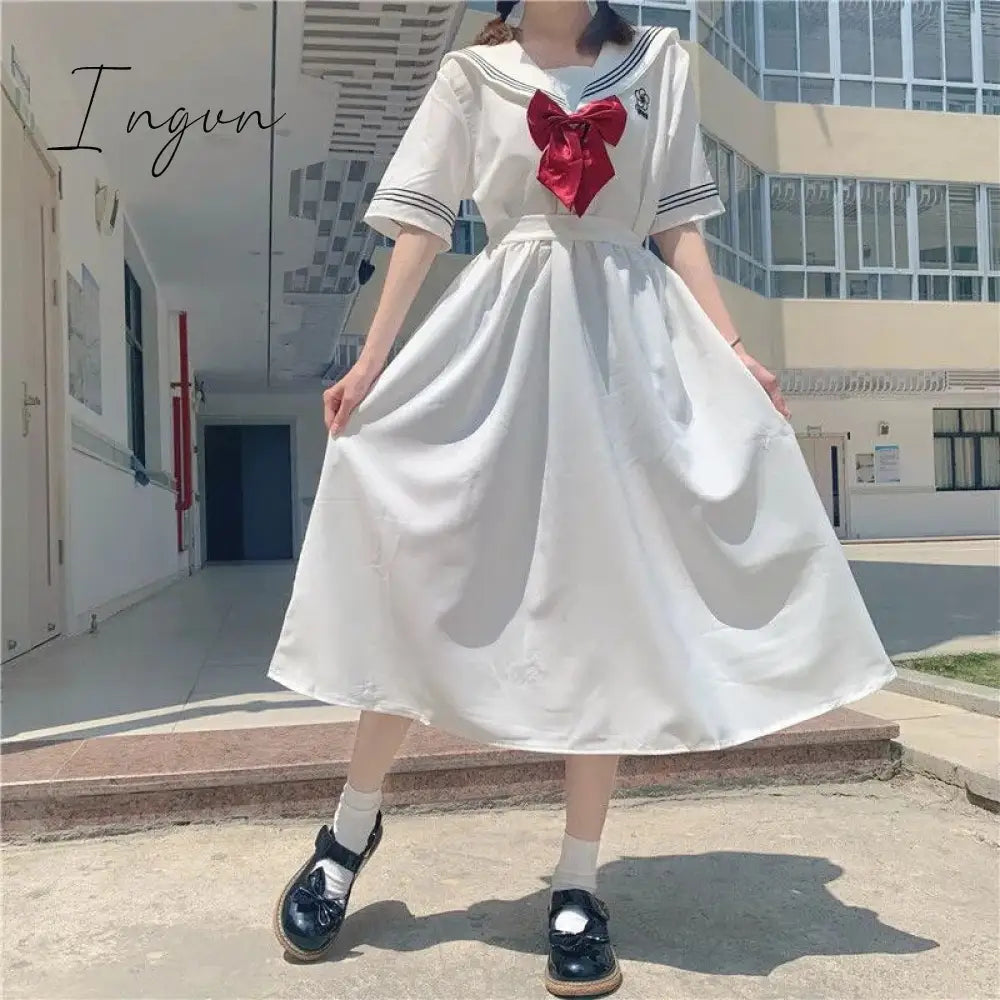 Ingvn - Harajuku Sailor Collar Navy Dress Japanese Lolita Sweet Bow-knot Girl Retro Cotton Kawaii Preppy Style Short Sleeve Dress Women
