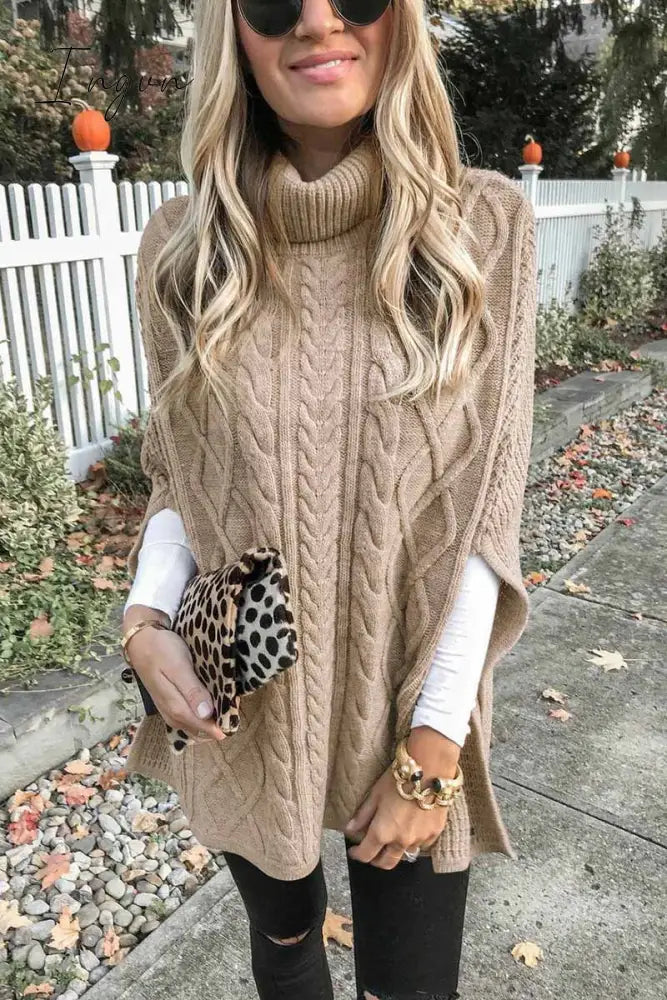 Ingvn -  High Neck Loose Cable Knit Pattern Stitching Sweater(7 Colors)