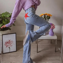 Ingvn  Retro Five Pointed Star Straight Women Jeans European and American Style Design Slim Fit Leg Length All Match Pants
