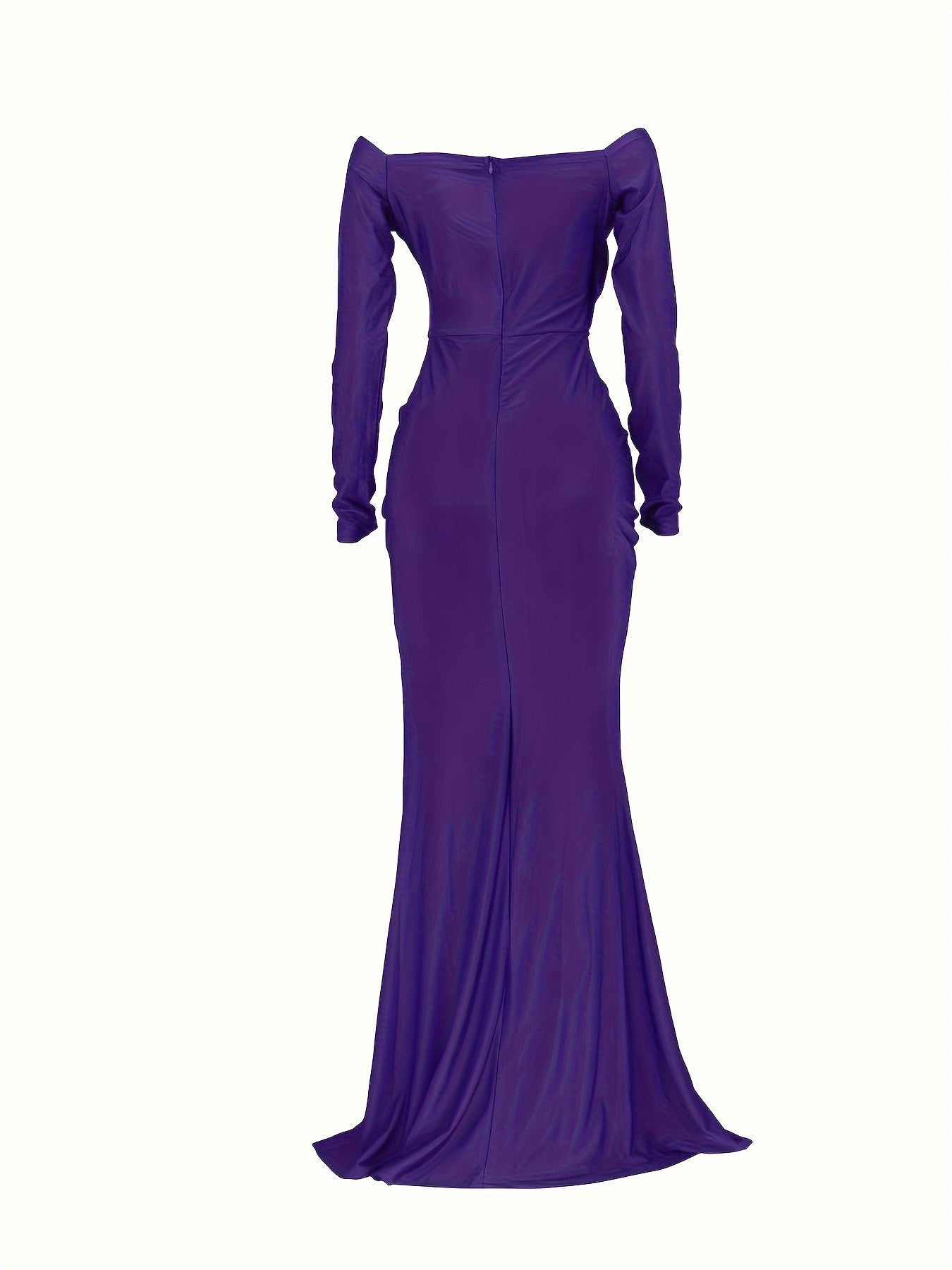 Off Shoulder Split Thigh Dress, Elegant Solid Long Sleeve Floor Length Party Dress, Women's Clothing