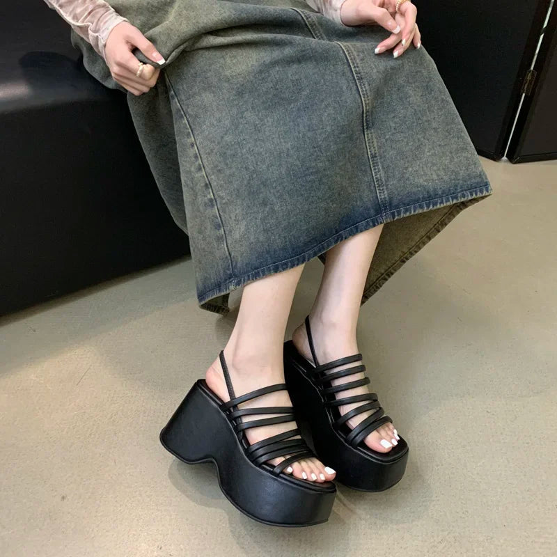 Ingvn  Silver Wedge Sandals Women Platform Shoes Black Belt High Heels Gladiator Chunky Heeled  Summer Wedges Zapatos De Mujer