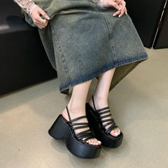 Ingvn  Silver Wedge Sandals Women Platform Shoes Black Belt High Heels Gladiator Chunky Heeled  Summer Wedges Zapatos De Mujer