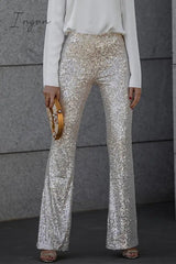Ingvn - Casual Solid Sequins Straight Mid Waist Speaker Solid Color Bottoms