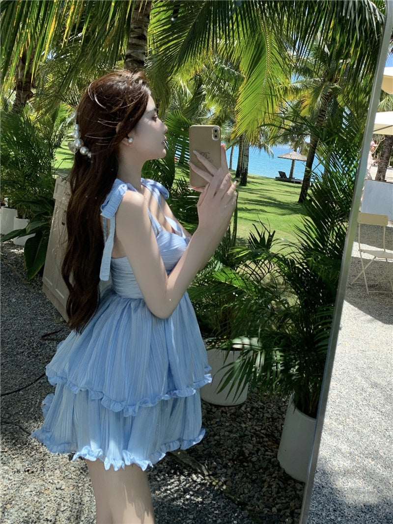 Fashion Women Spaghetti Strap Ruffle Cake Chiffon Dress Sexy Ladies Floral Print Holiday Party Mini Dress Summer Robe