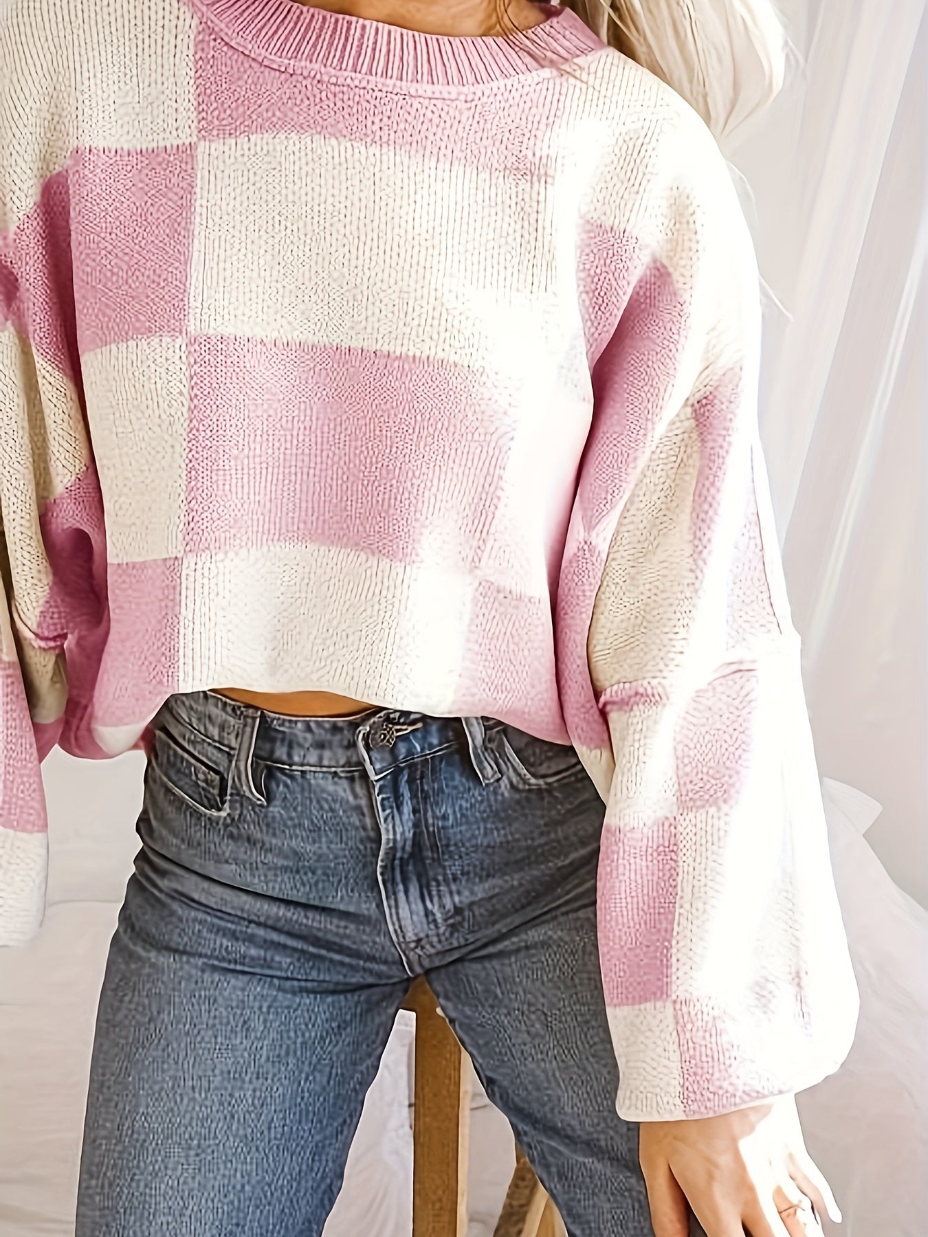 Cozy Plaid Crew Neck Sweater - Soft Micro Elasticity, Color Block Long Sleeve, Machine Washable - Casual Fall & Winter Fashion for Women