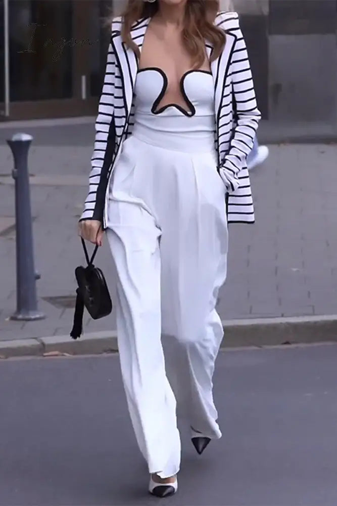 Ingvn - Elegant Striped Pocket Turndown Collar Long Sleeve Two Pieces