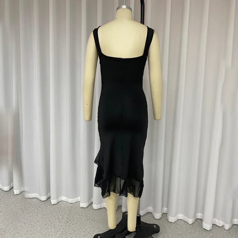 Women Maxi Dress Summer Elegant Solid Sleeveless Nipped Waist Slim Backless Ruffled Irregular Party Dresses Streetwear