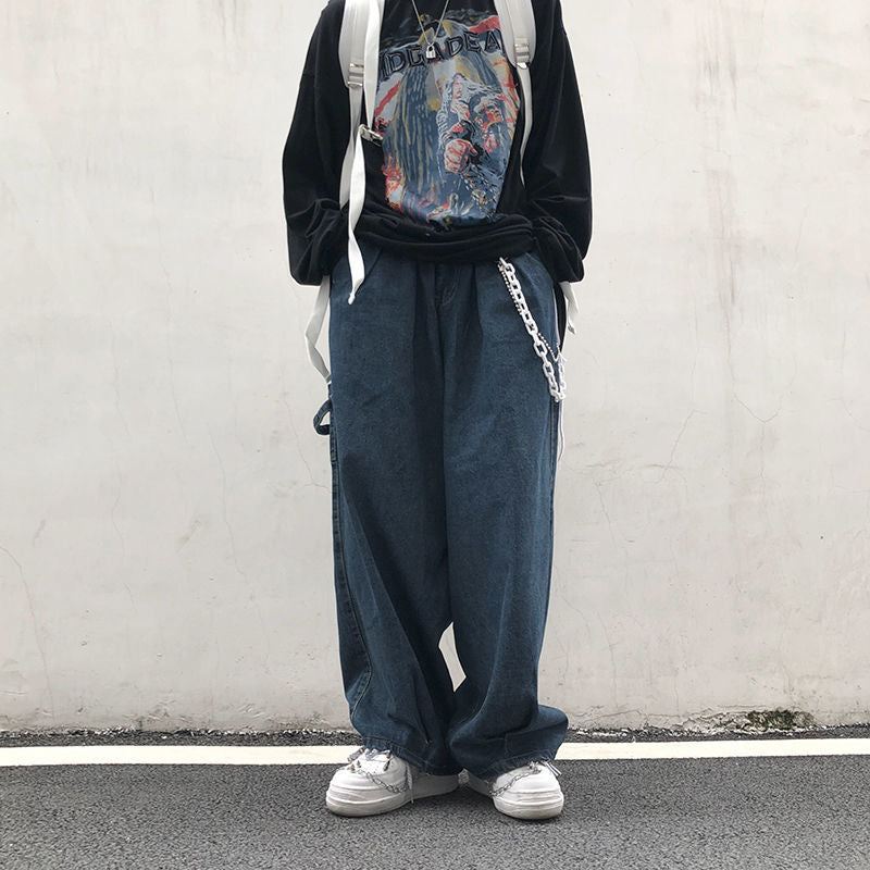 Voguable  Fashion Individuality Japanese-style Jean Men Loose Stripe Denim Pant Bule/Black Man and Women Hip hop Streetwear Trouser