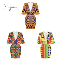 Ingvn - African Dresses for Women New Fashion Summer V-neck African Short Sleeve Printing Dress African Women Clothes