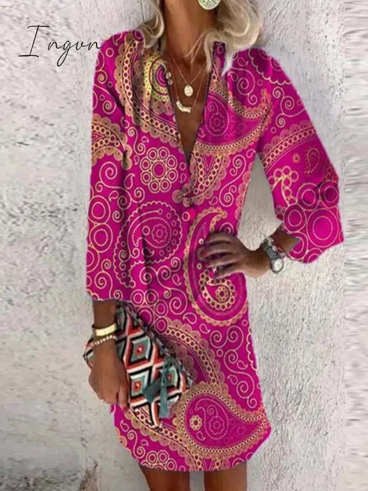 Ingvn - Women Fashion Floral Printed Summer Mid Length Dress Casual Long Sleeve Ladies A Line V Neck Office Street Holiday Dresses