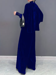2 Pcs Velvet Solid Color Long Sleeve Open Front Top & Wide Leg Pants Outfit, Women's Clothing