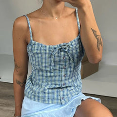 Y2k Fairy Clothes Plaid Print Sleeveless Camis 00s Aesthetic Front Button Tank Tops Women Girl Retro Backless Slim Fit Crop Tops