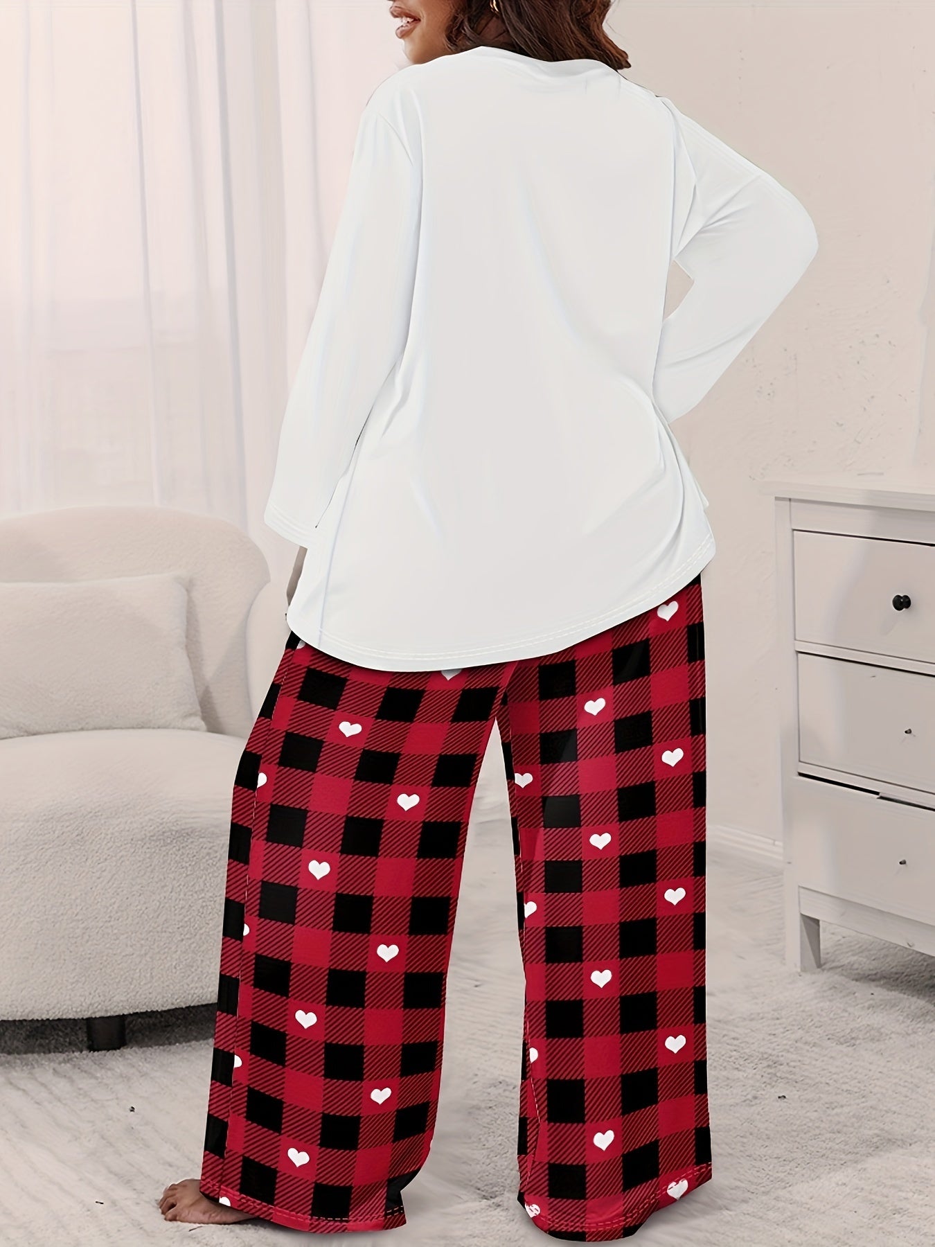 Plus Size Cozy Loungewear Set - Stylish Womens Plaid Heart & Letter Print Long Sleeve Crew Neck Tee and Wide Leg Pants Pajamas Two Piece Set for Casual Relaxation at Home