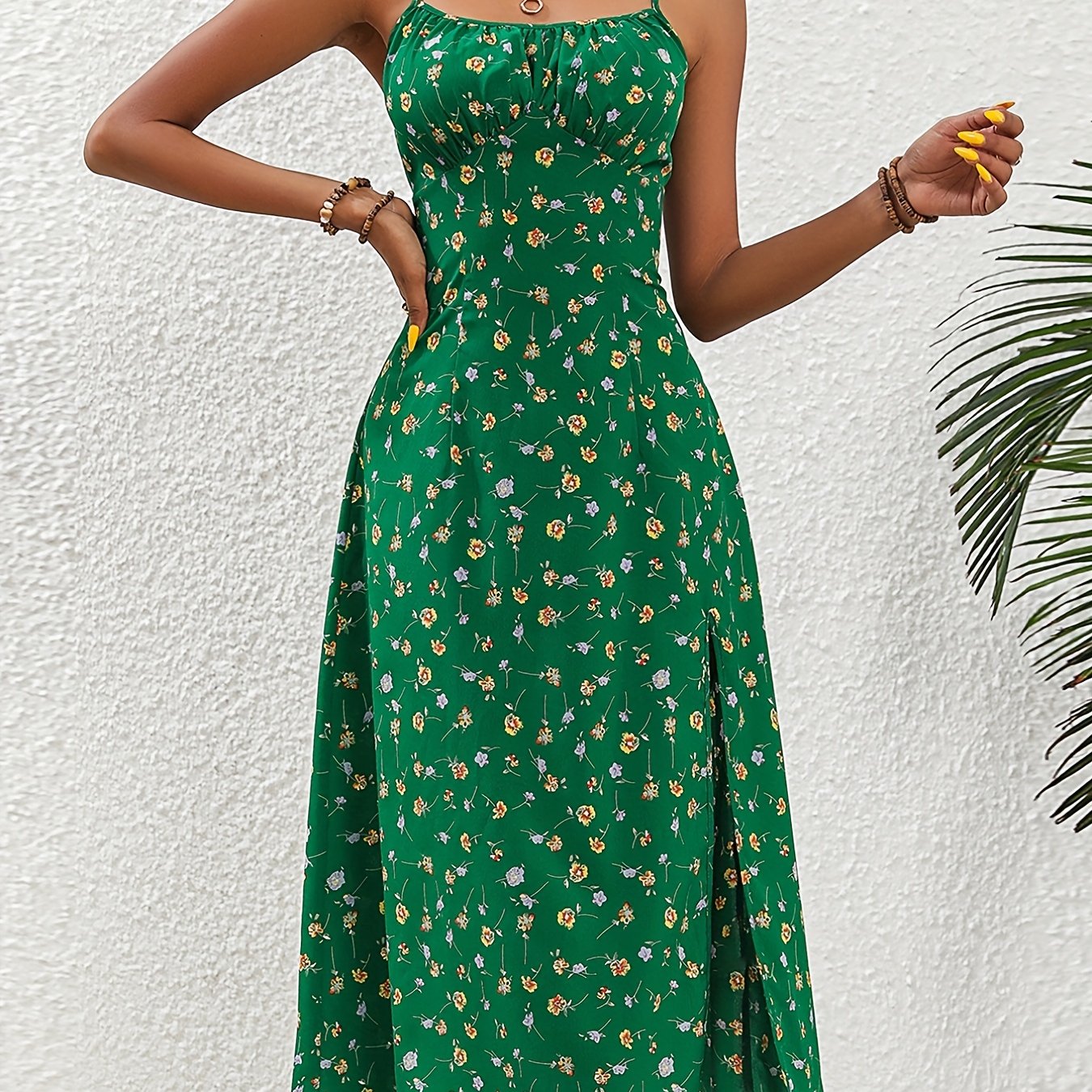Vibrant Floral Print Adjustable Spaghetti Strap Dress - Alluring Split Backless Cami Style - Perfect for Everyday Fashion, Womens Casual Wear