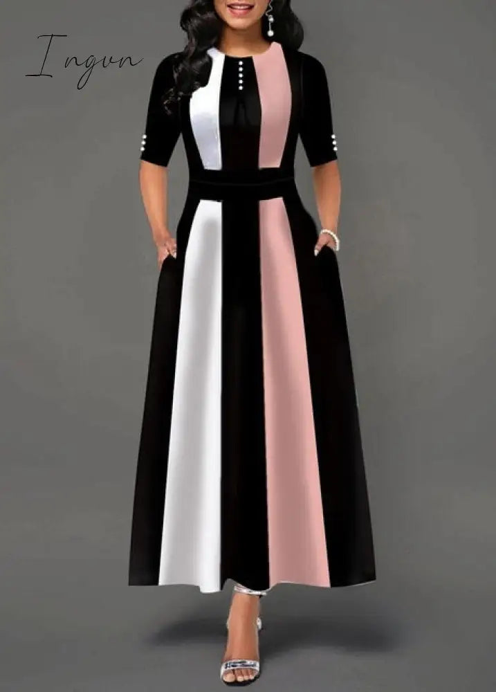 Ingvn - Ladies Fashion Half Sleeve Dress Women Elegant Round Collar Geometric Printing Splicing Temperament Maxi Dress For Ball Party