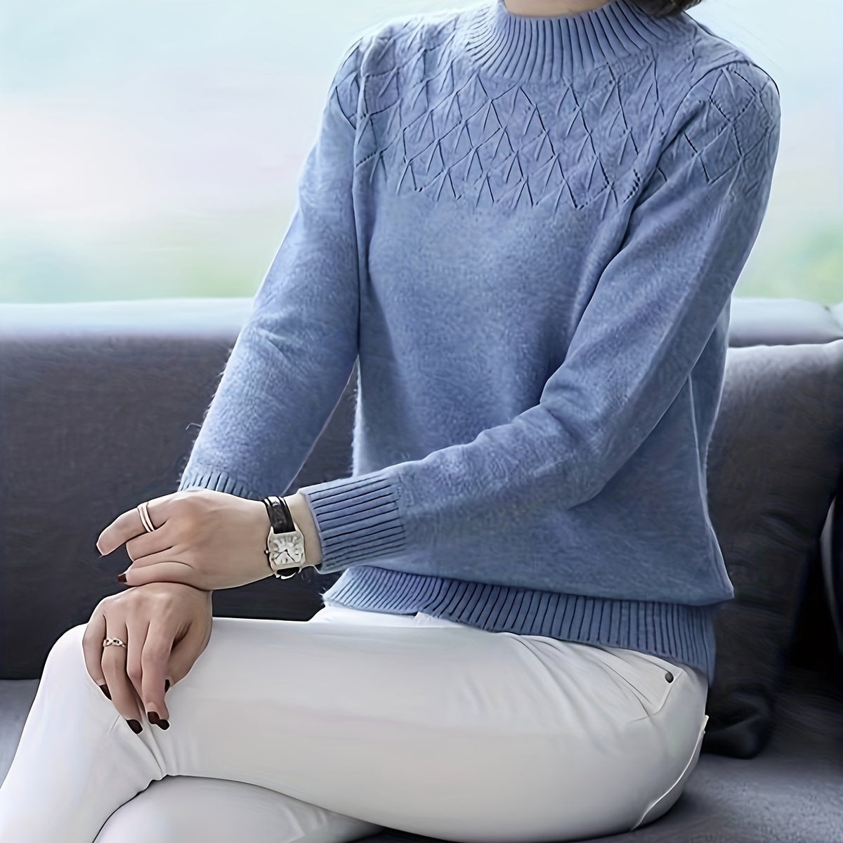 Cozy Chic Knit Sweater - Pullovers for Women with Elegant Crew Neck, Long Sleeves, and Soft Solid Colors for Fall and Winter Fashion - Perfect for Casual Daily Wear