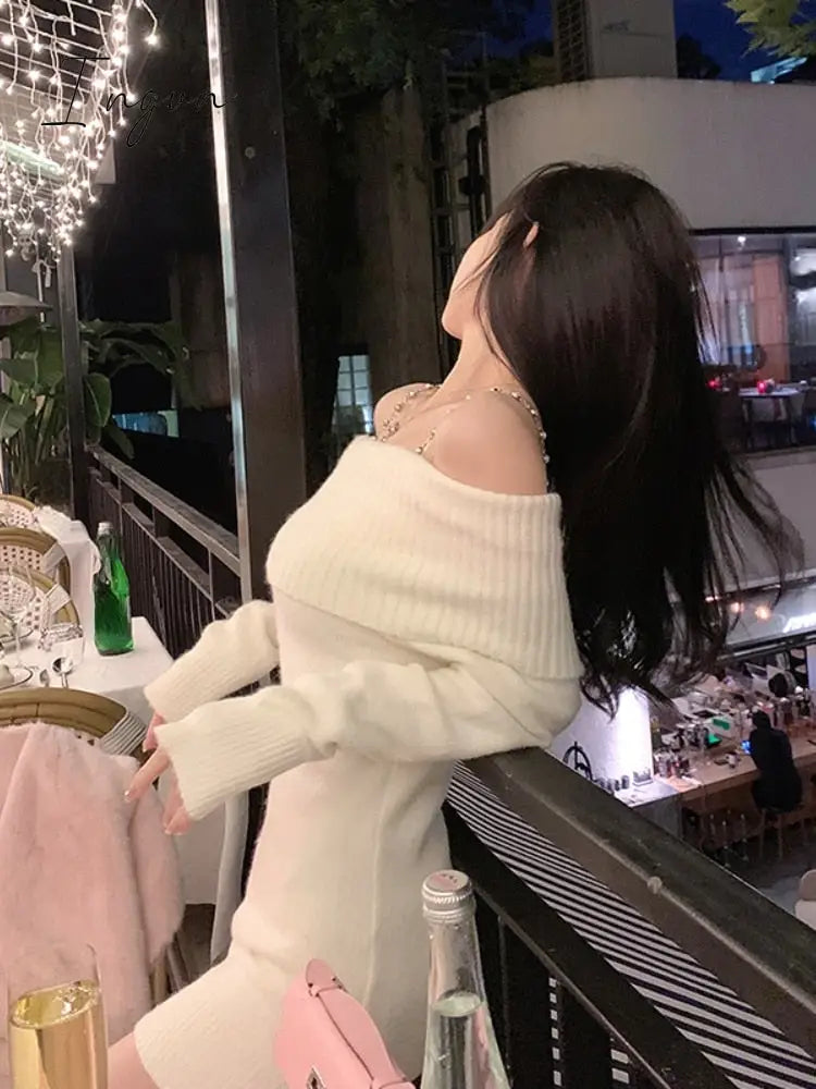 Ingvn - Pure Color Elegant Knitted Dress Woman Bodycon Slim Y2k Mini Dress Casual Party Korean Fashion Long Sleeve Dress Winter