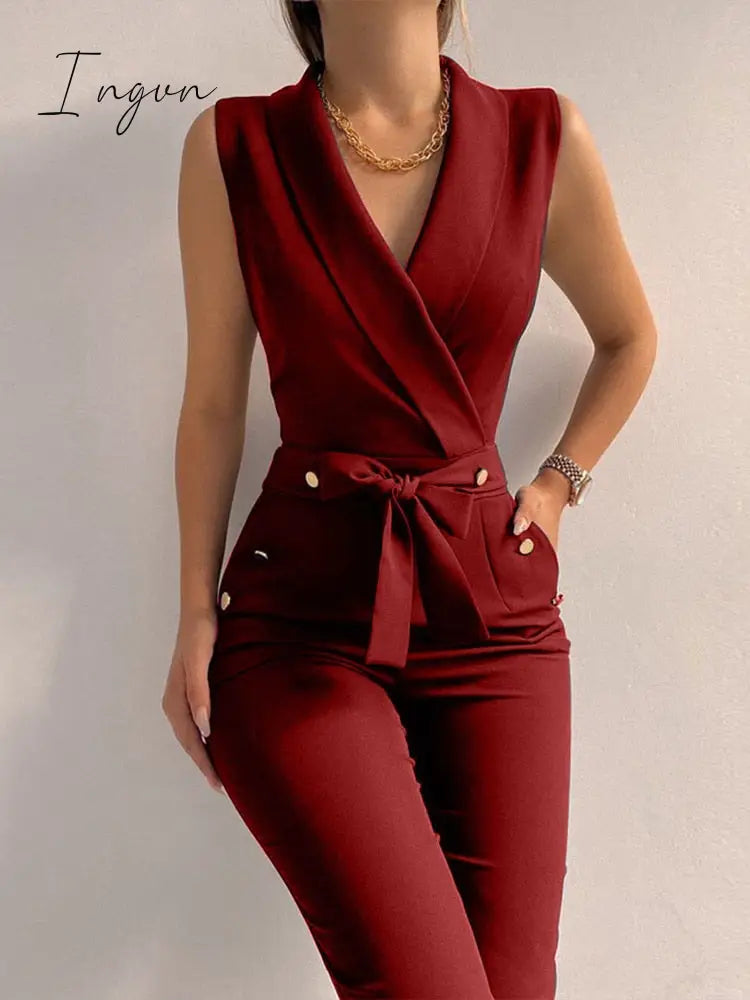 Ingvn - Female Backless V Neck Solid Zipper Jumpsuit Off Shoulder Sleeveless Overalls With Pockets Casual Women Summer Slim Long Rompers