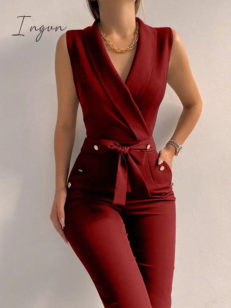 Ingvn - New Solid Casual Women Summer Jumpsuits V-Neck Lace-Up Sleeveless Wide Leg Pants Button Ladies Bodysuits Streetwear