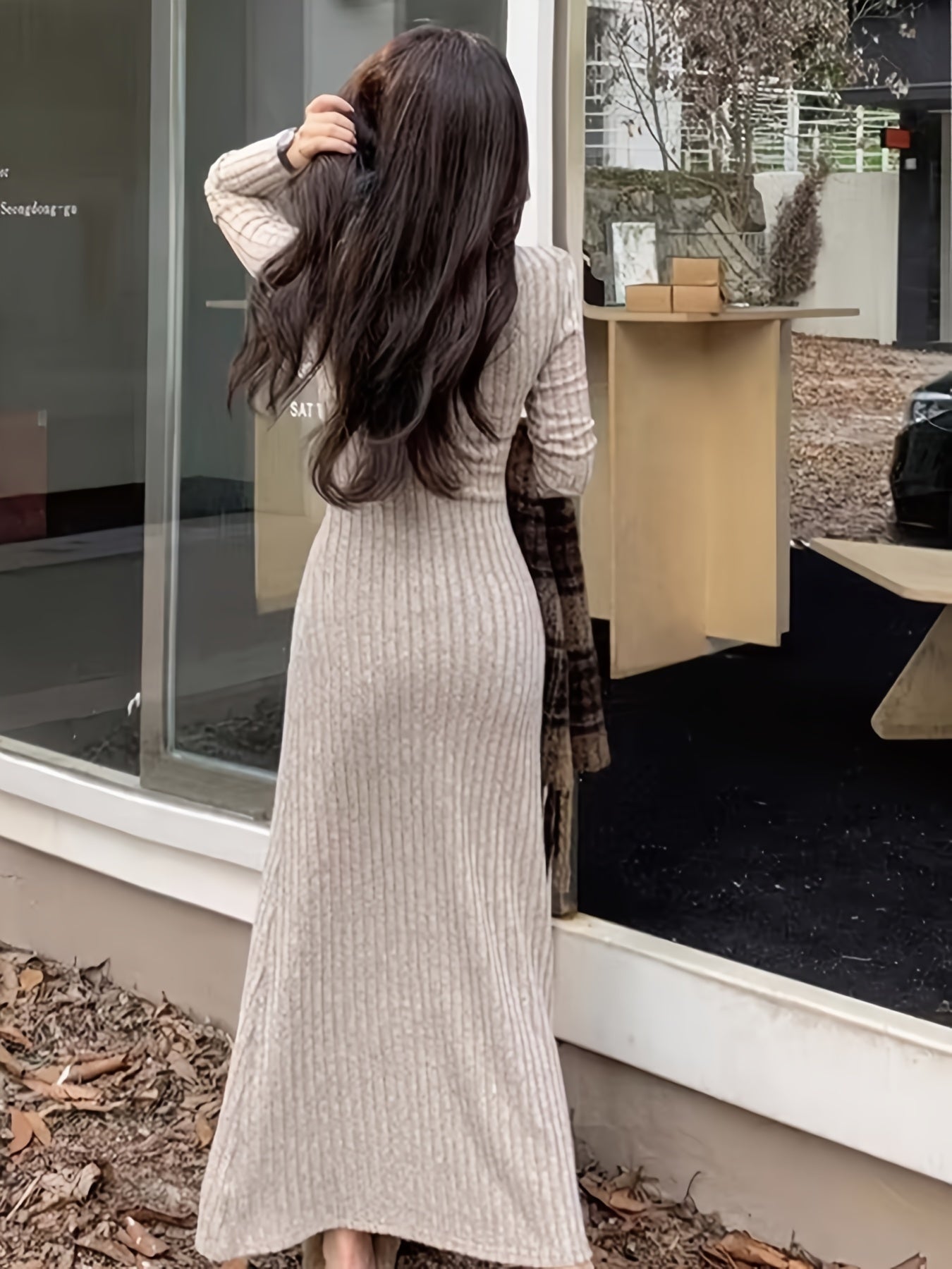 [Long Sleeve Fall Dress] Ribbed V Neck Dress, Casual Long Sleeve Dress For Fall & Winter, Women's Clothing