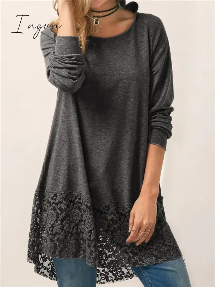 Ingvn - Women Pure Color Lace Patchwork Long Sleeve T-shirt With Hood