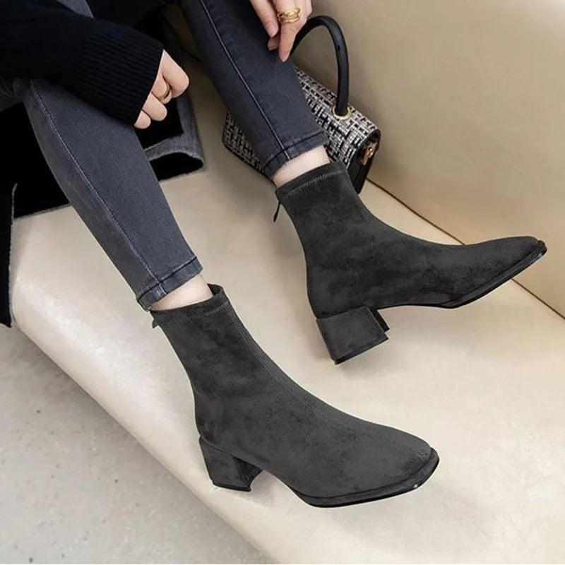 Ankle Boots for Women Spring Autumn Gray Black Women's Shoes Chunky Middle Heel Suede Short Botas Square Toe Back Zip Botines