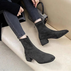Ankle Boots for Women Spring Autumn Gray Black Women's Shoes Chunky Middle Heel Suede Short Botas Square Toe Back Zip Botines