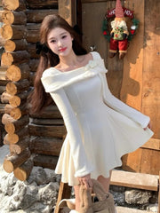 Elegant Solid Knitted Dresses for Women Korean Sweet Slash Neck Long Sleeves Princess Birthday Party Dress A-Line Vestidos Robe