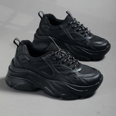 Womens Solid Color Lace-up Chunky Sneakers - Fashionable Height Boost - Comfortable Memory Foam Running Shoes for Everyday Wear