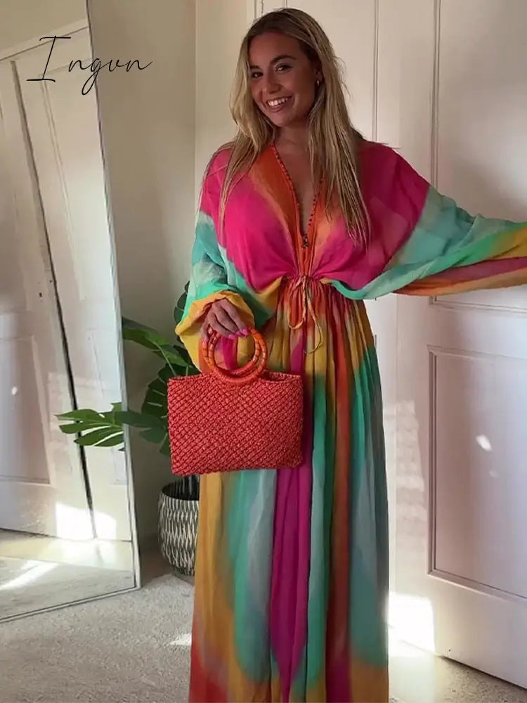 Ingvn - Tie-dye Print Colorful Batwing Sleeve Women Long Dress V-neck Lace Up Elastic High Waist Vestidos Summer Party Streetwear Robes