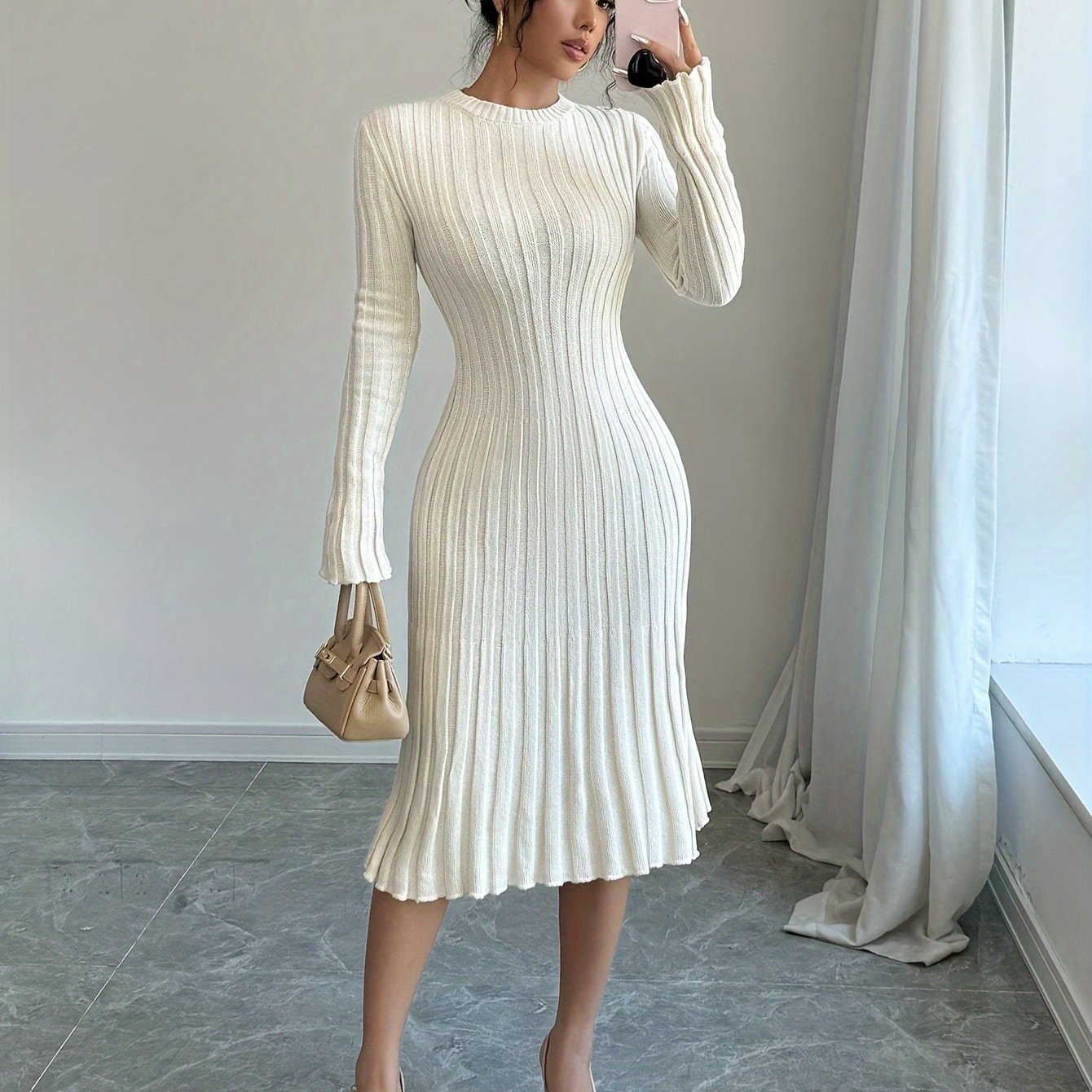 [Long Sleeve Ribbed Knit Sweater] Elegant Solid Color Ribbed Knit Sweater Dress for Women - Crew Neck, Long Sleeve, Pleated Design, Perfect for Fall & Winter