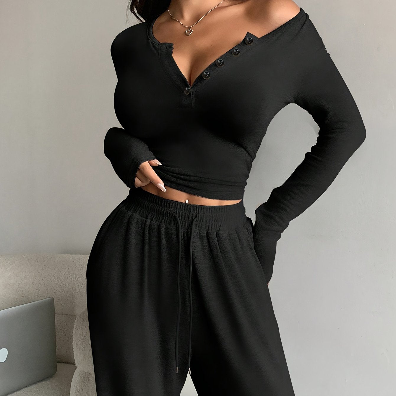 TWO-PIECE SET - Chic Long Sleeve Top with Button Front & Drawstring Waist Wide Leg Pants - Comfortable, Versatile, and Flattering Outfit for Women's Everyday Wear