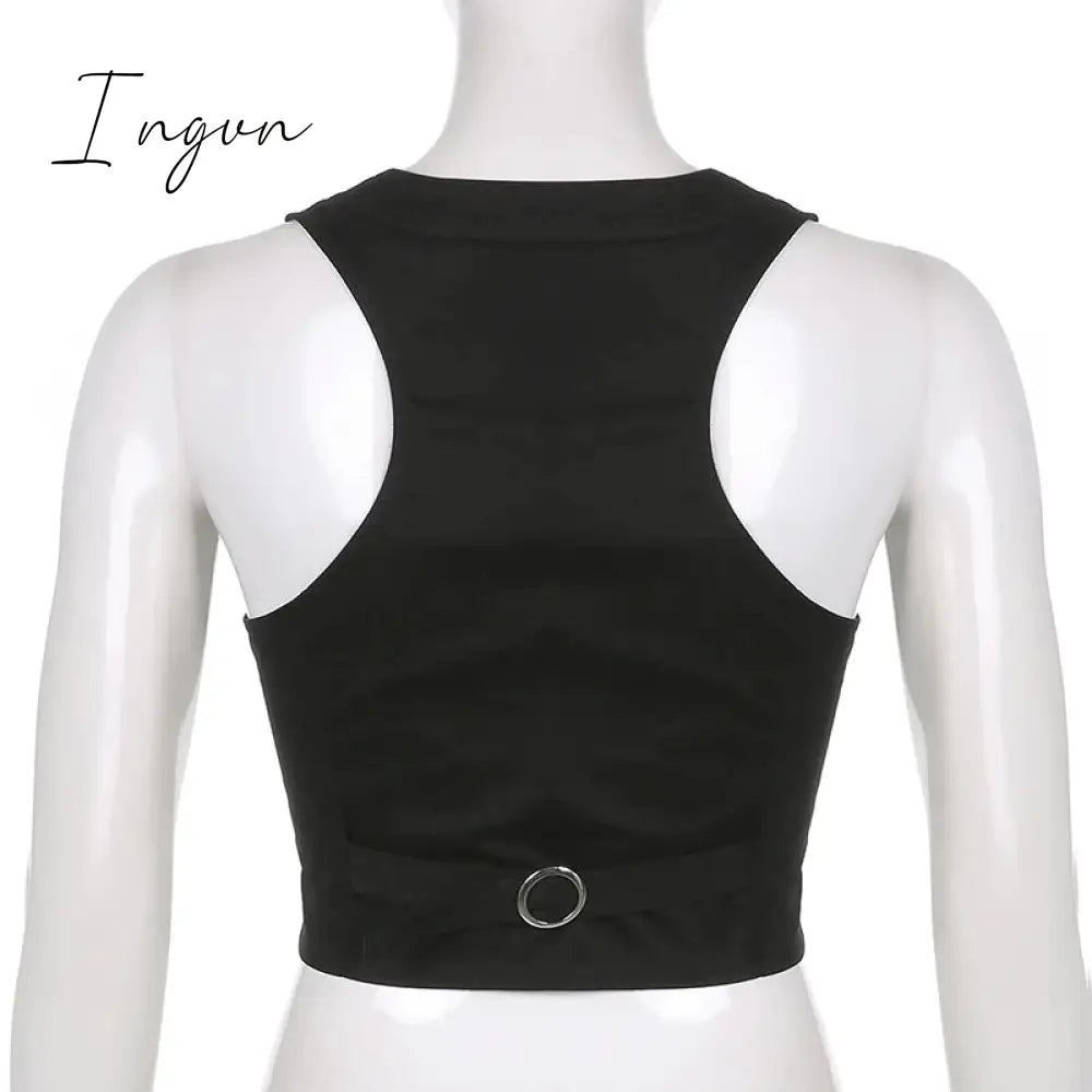 Ingvn - y2k Button Corset Top Black Sleeveless Tank Tops Skinny V Neck Aesthetic Punk Crop Top Grunge Fairycore Women Vests