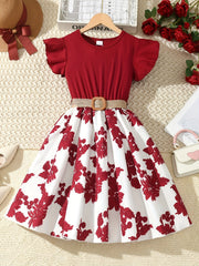 Girls Charming Floral Embroidered Dress - Soft Ribbed Flutter Sleeve - Perfect for Summer Casual Wear
