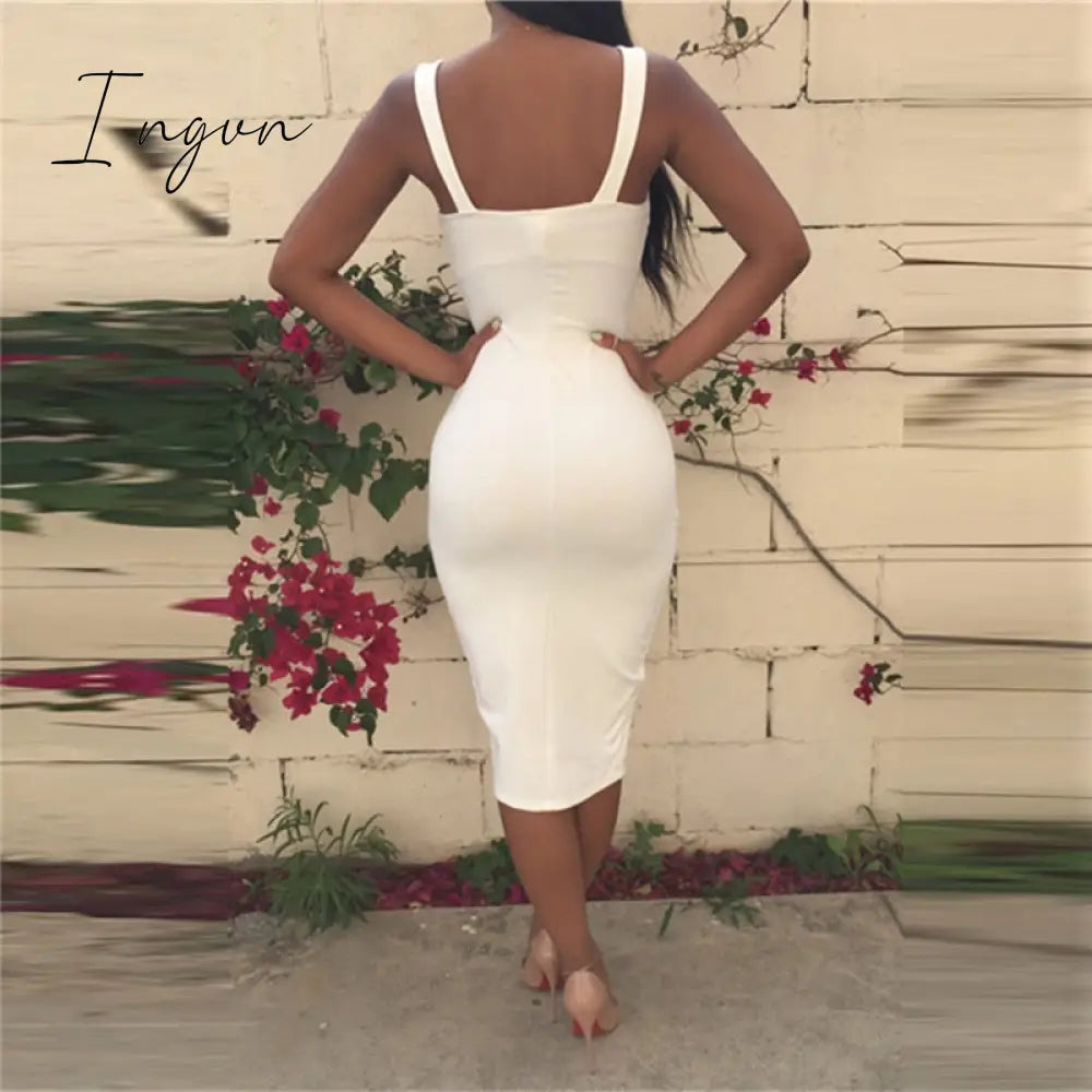 Ingvn - Summer Midi Dress Bandage Women Black White Sleeveless Straps Club Party Sexy Dresses Fashion Backless Split Vestidos