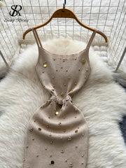 Sexy Knitting Split Long Dress Sleeveless Sequins Diamonds With Sashes Skinny Sundress 2025 Fashion Women Summer Dress
