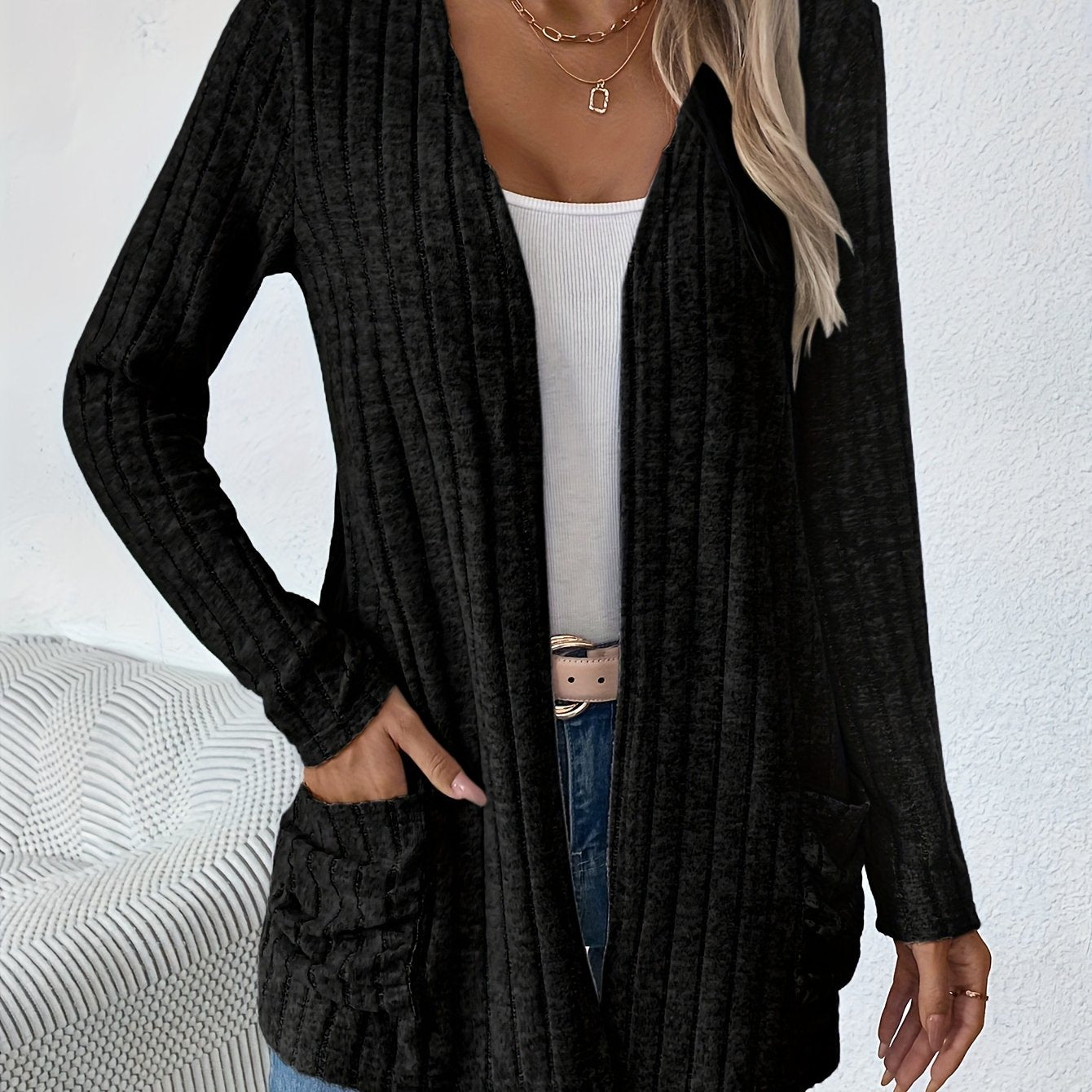 Cozy Ribbed Cardigan - Casual Jackets for Women with Dual Pockets and Long Sleeves for Spring and Fall - Soft, Open Front, and Versatile