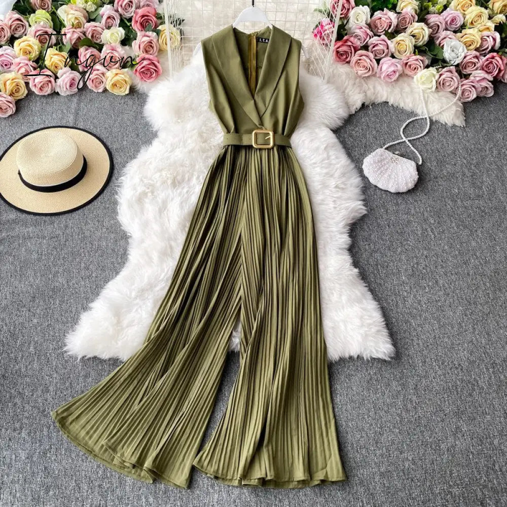 Ingvn - Vintage Notched Collar Draped Rompers For Women Casual Sleeveless High Waist Wide Leg Playsuits Female Beige/Green Jumpsuit