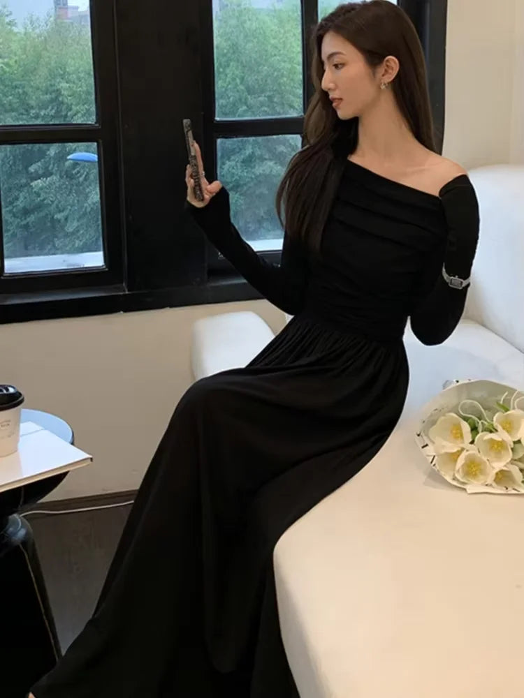 Elegant Evening Party White Dress Women Korean Off Shoulder Long Sleeve Birthday A-Line Robe Autumn Streetwear Corset Clothes