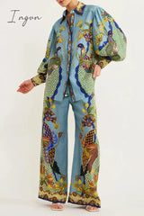 Ingvn - Casual College Animal Printing Turndown Collar Long Sleeve Two Pieces