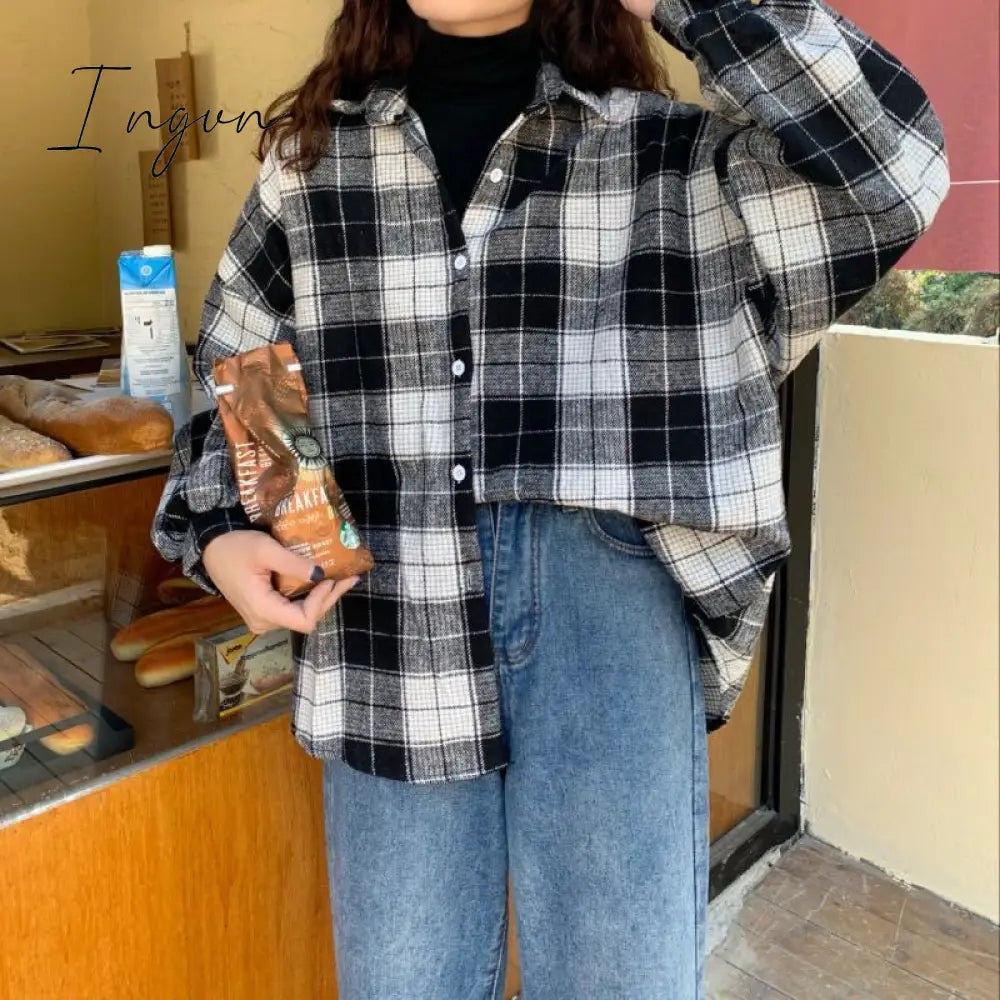 Ingvn - Women Blouses Turn-down Collar Spring Shirts Plaid All-match BF Batwing-sleeve Loose Outwear Harajuku Female 4 Colors Chic New