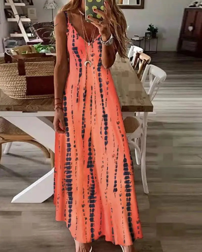 Ingvn - Selling New High Street Tie Dye Dress Sexy Spaghetti Strap V Neck Long Dresses Women Summer Beach Dresses Party Tunic Plus Size 5XL