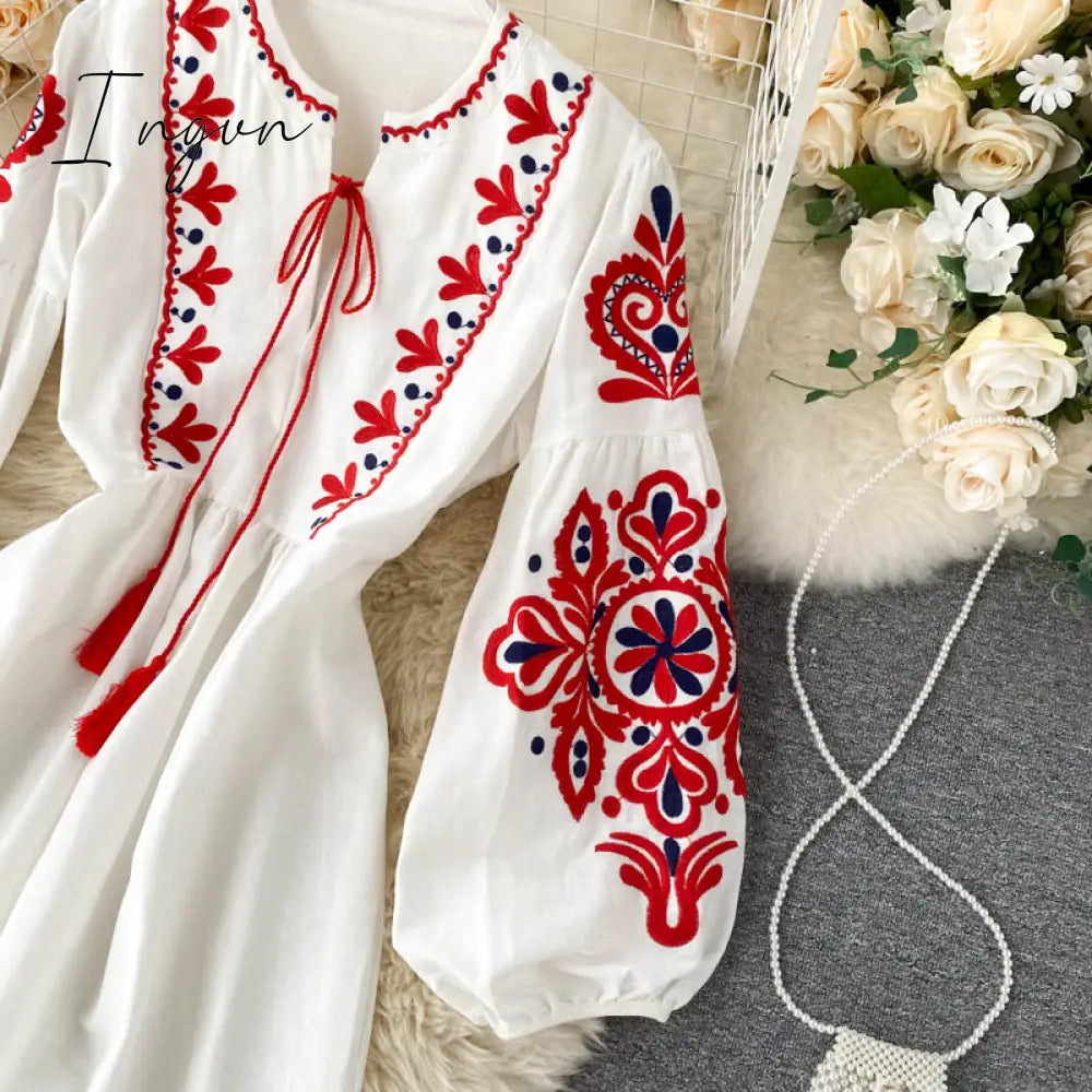 Ingvn - Women Autumn Dresses Bohemian Embroidered Flower O-Neck Lantern Sleeve High Waist Pleated Dress All-match Female Vestidos GK393