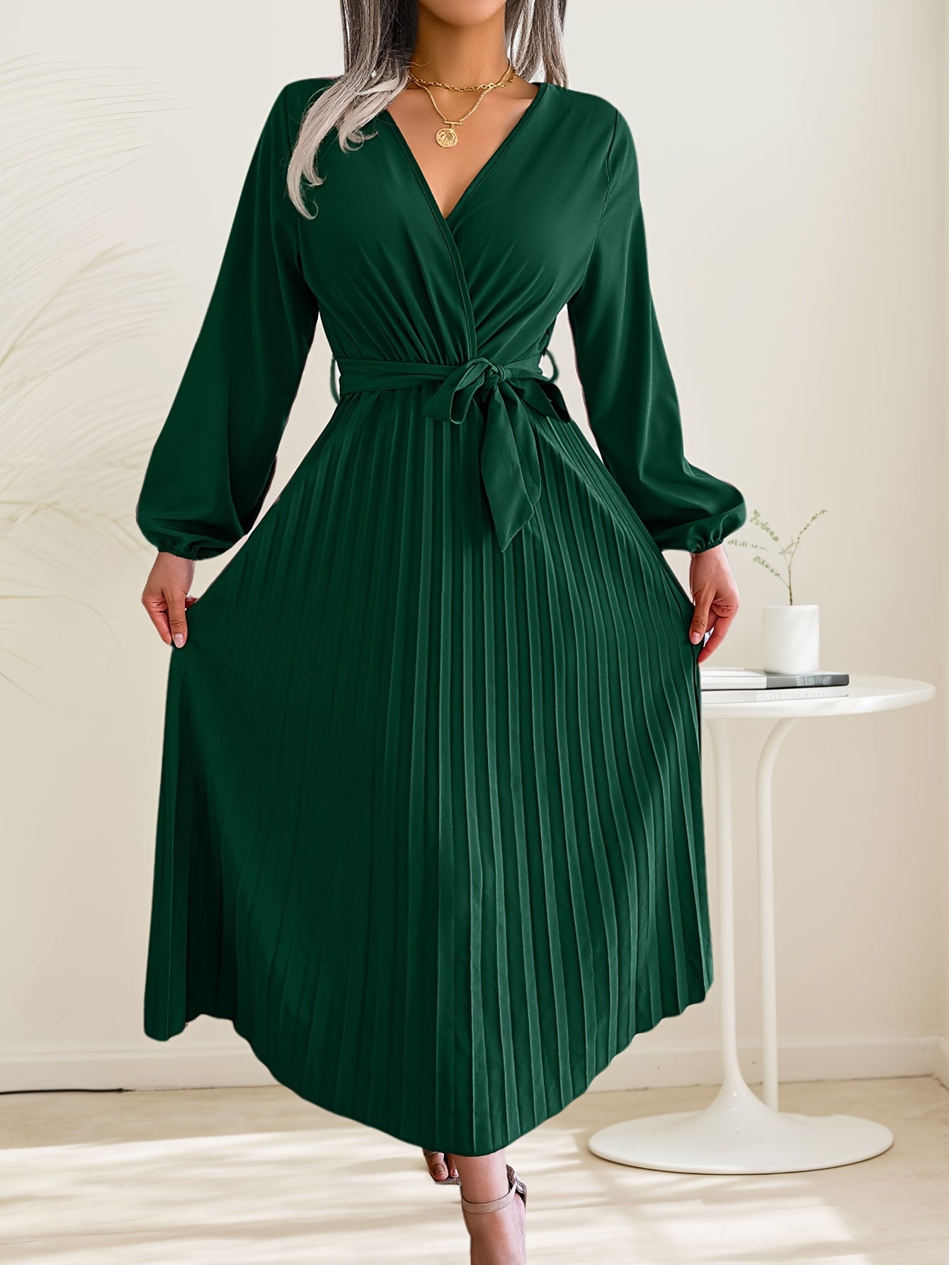 Womens Wrap Tie Dress Casual Fall V Neck Pleated Long Sleeve Solid Flowy Dress For Party Wedding Guest
