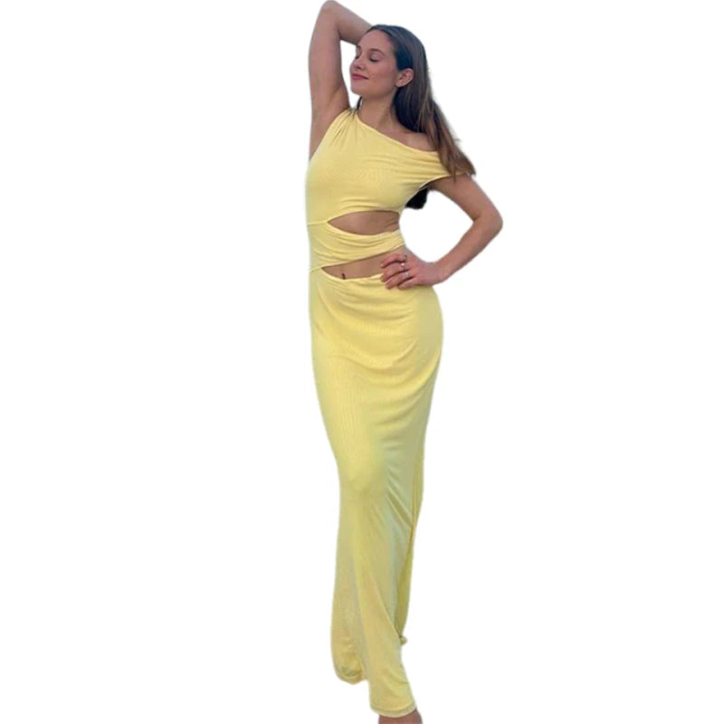 Hollow Sexy Maxi Dress Women Irregular Skinng Ruched Diagonal Collar Sleeveless Vacation Beach Party Fashion Vestidos