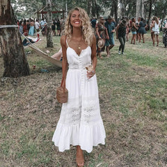 Ingvn - Fashion Boho Long Maxi Dress Women Summer Ladies Sleeveless White Beach Dress